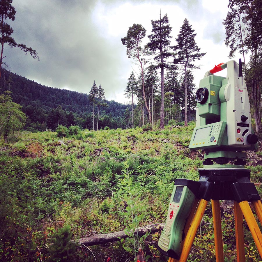 Legal land surveying equipment in wooded area